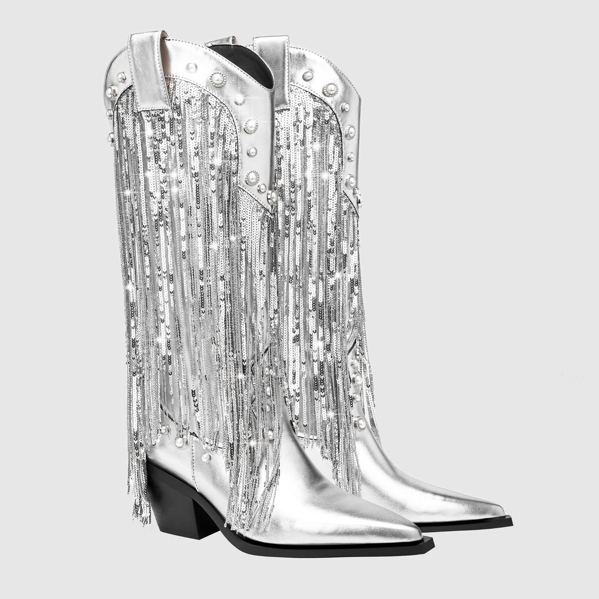 Mid-Calf Cowboy Boots with Fringe and Block Heel for Women in Silver