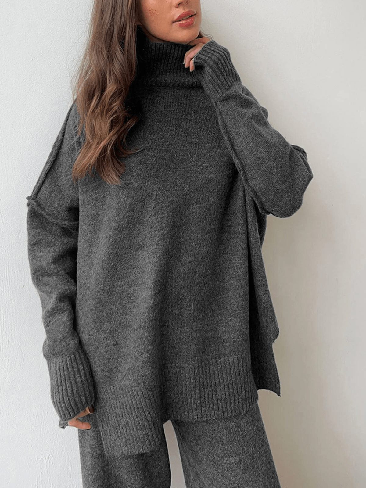 Oversized Knit Set with Roll Neck and Wide Leg Trousers for Women in Grey