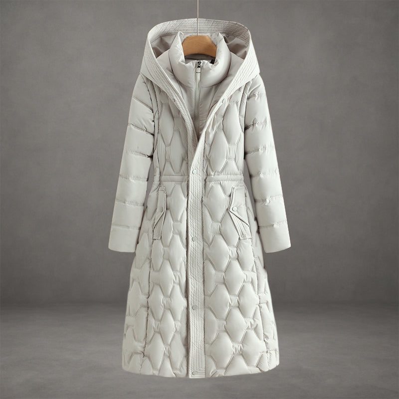 Quilted Longline Hooded Puffer Coat for Women in White