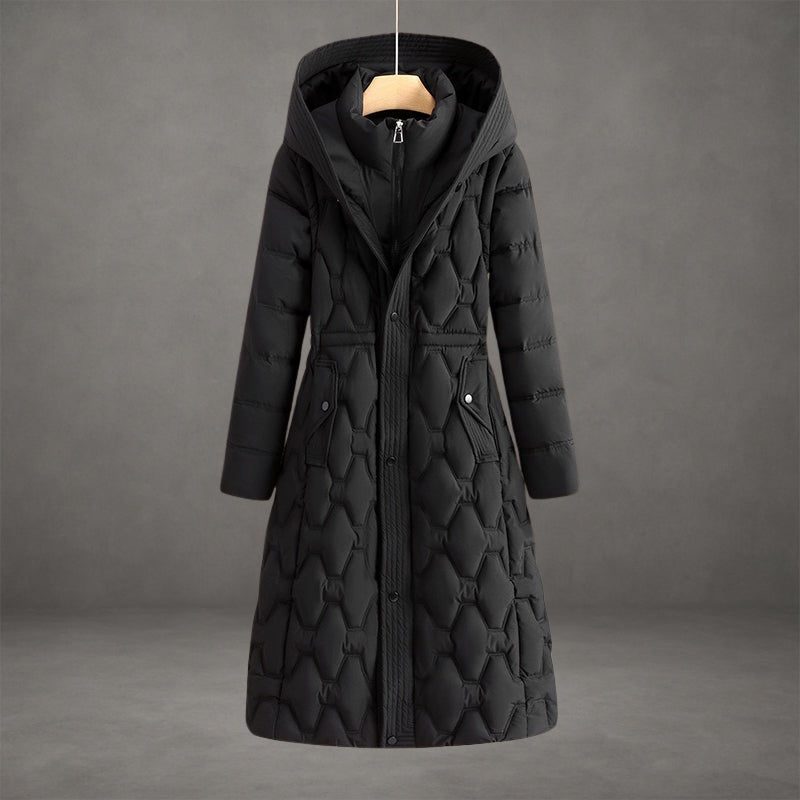 Quilted Longline Hooded Puffer Coat for Women in Black