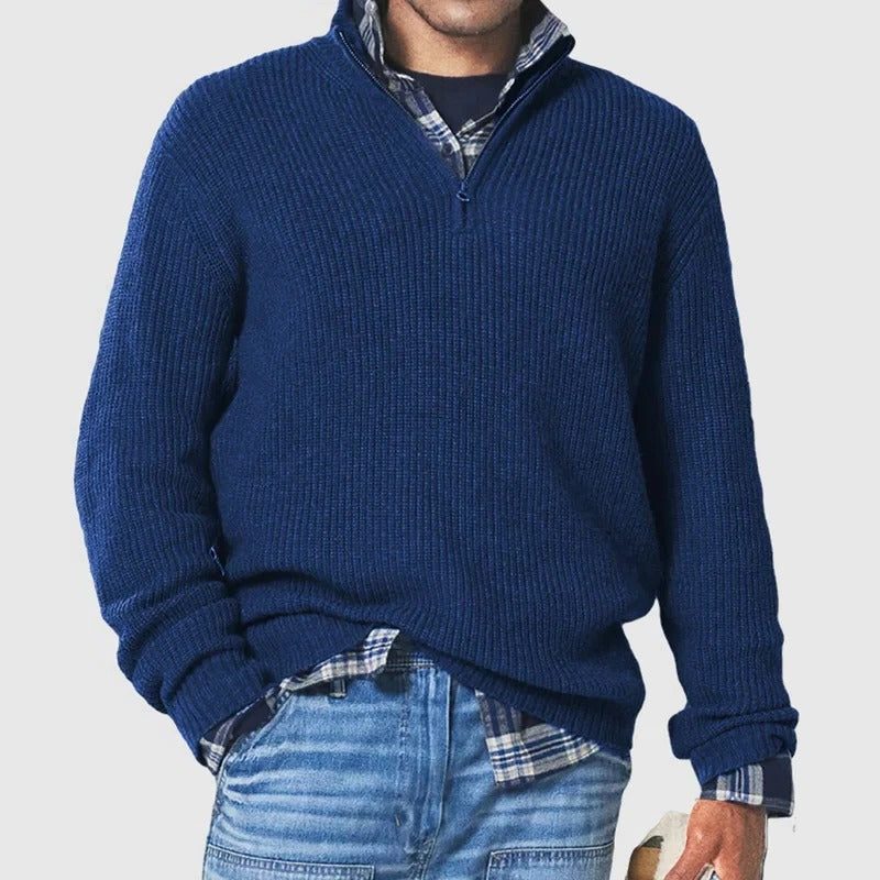 Ribbed Knit Jumper with Quarter Zip and Long Sleeves for Men in Dark Blue