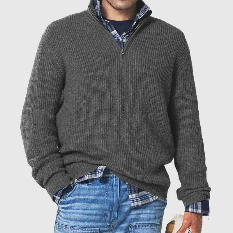 Ribbed Knit Jumper with Quarter Zip and Long Sleeves for Men in Grey
