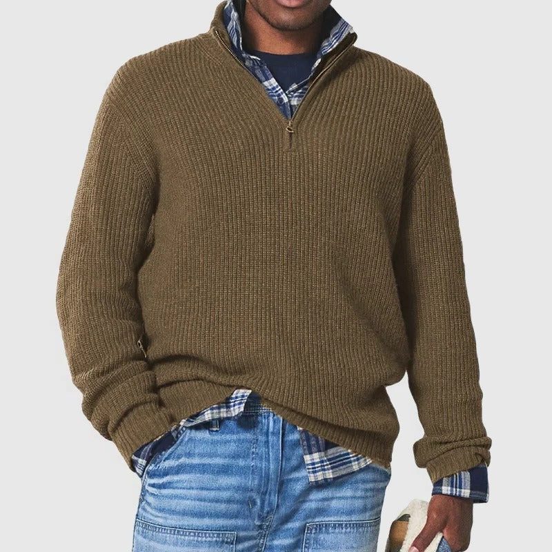 Ribbed Knit Jumper with Quarter Zip and Long Sleeves for Men in Brown