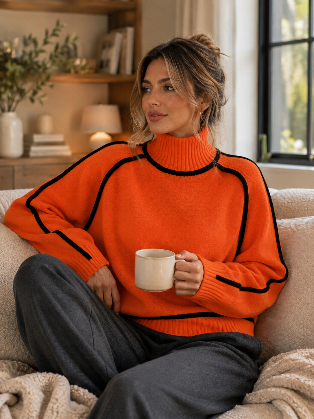 Ribbed Knit Oversized Sweater with Roll Neck for Women in Orange