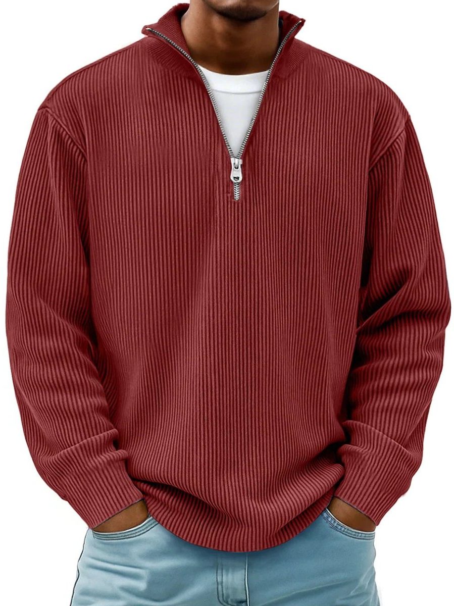 Ribbed Knit Quarter-Zip Jumper with Stand Collar for Men in Red