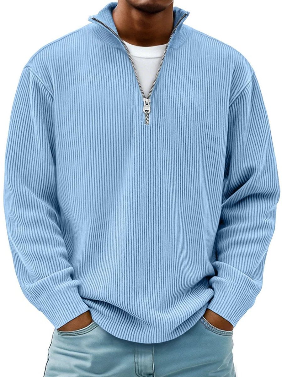 Ribbed Knit Quarter-Zip Jumper with Stand Collar for Men in Blue