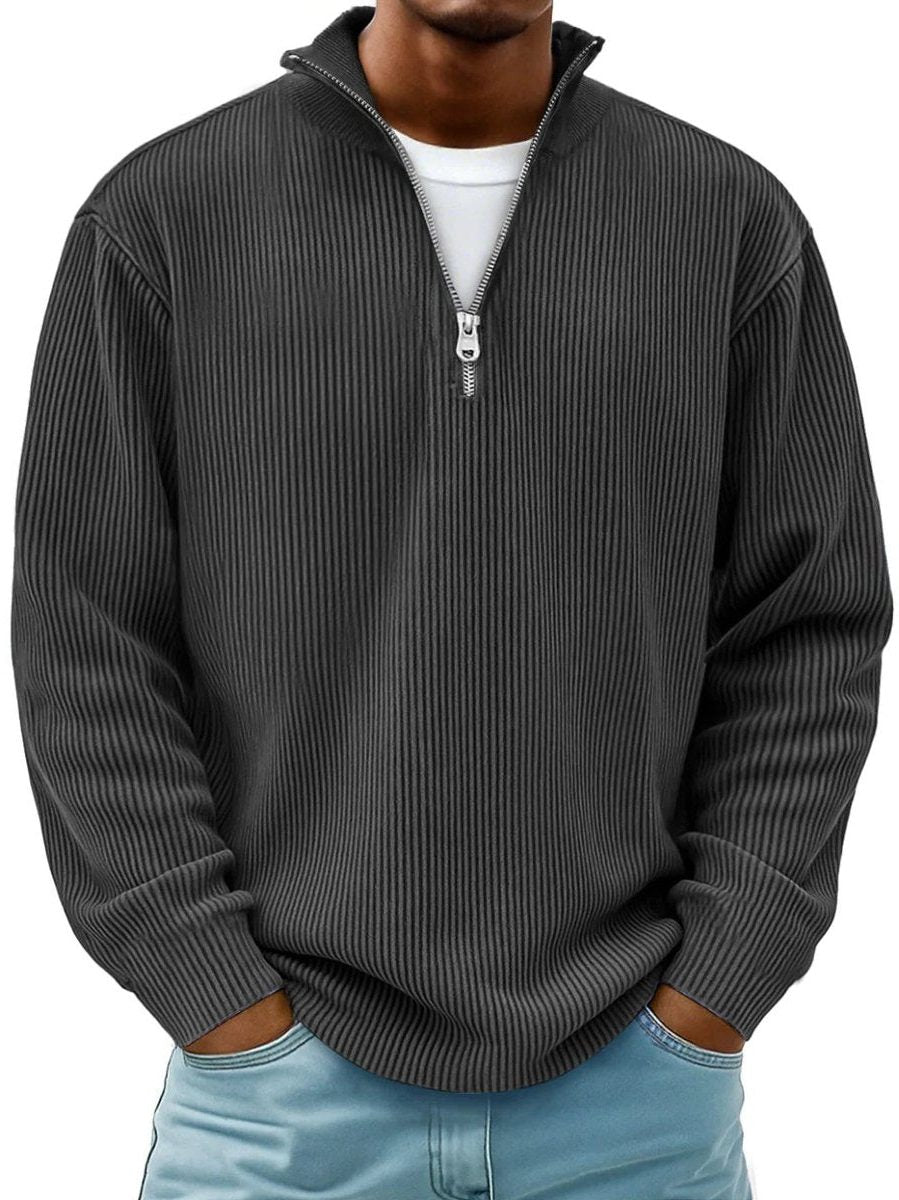 Ribbed Knit Quarter-Zip Jumper with Stand Collar for Men in Black
