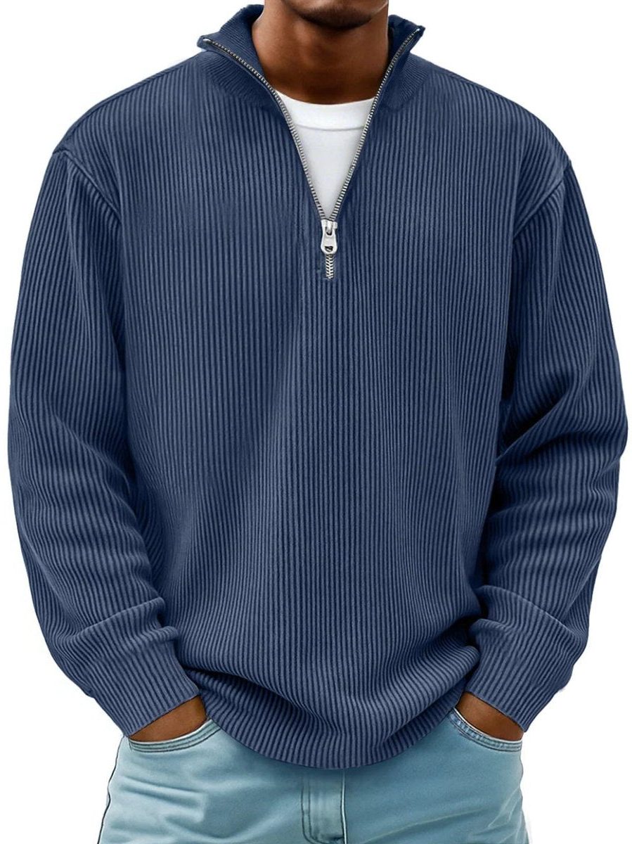 Ribbed Knit Quarter-Zip Jumper with Stand Collar for Men in Navy