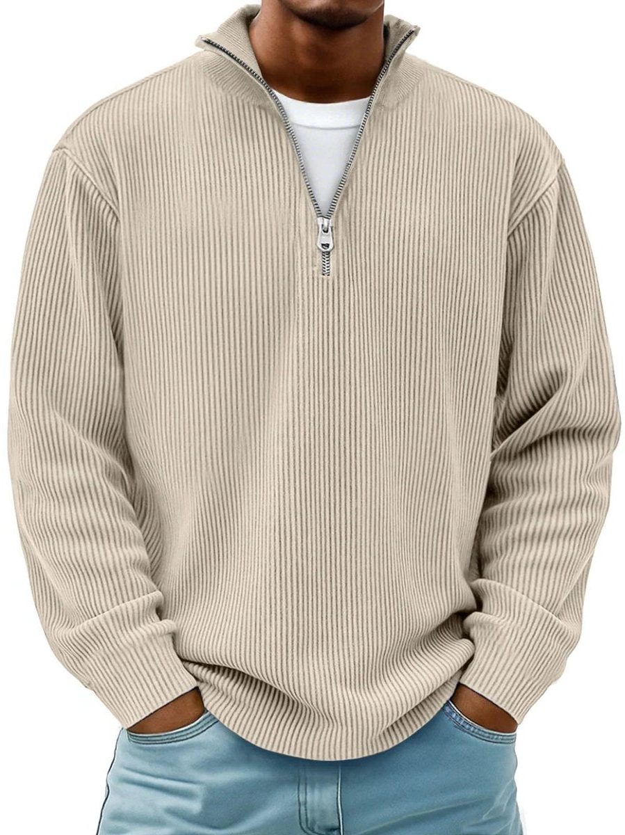 Ribbed Knit Quarter-Zip Jumper with Stand Collar for Men in Khaki