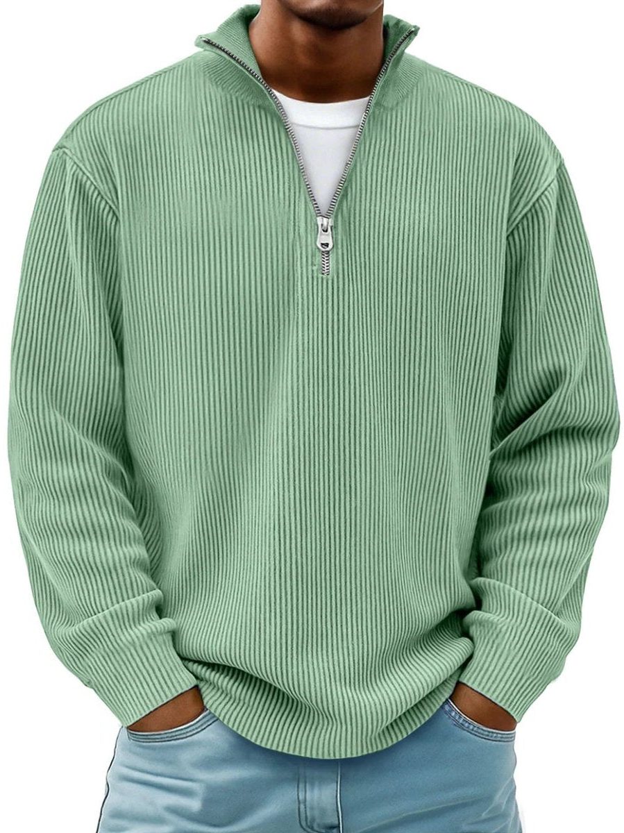 Ribbed Knit Quarter-Zip Jumper with Stand Collar for Men in Green