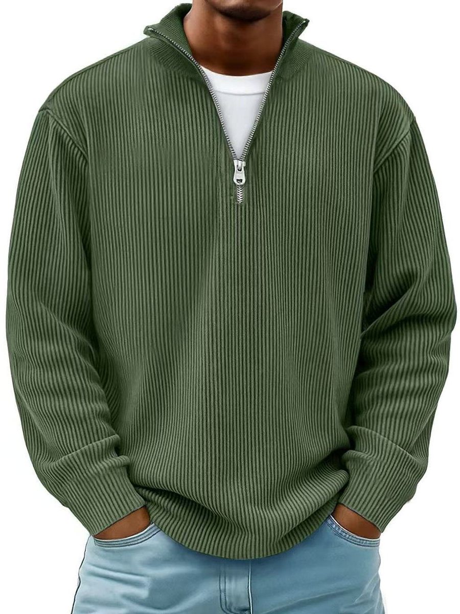 Ribbed Knit Quarter-Zip Jumper with Stand Collar for Men in Olive Green