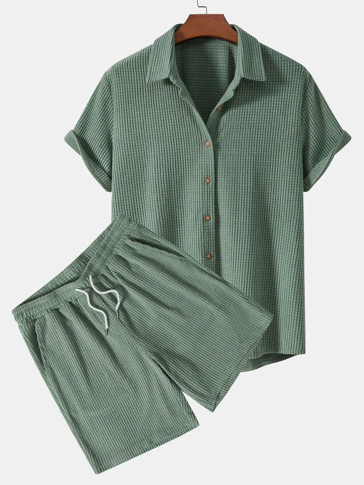 Ribbed Knit Short Sleeve Shirt and Shorts Set for Men in Green