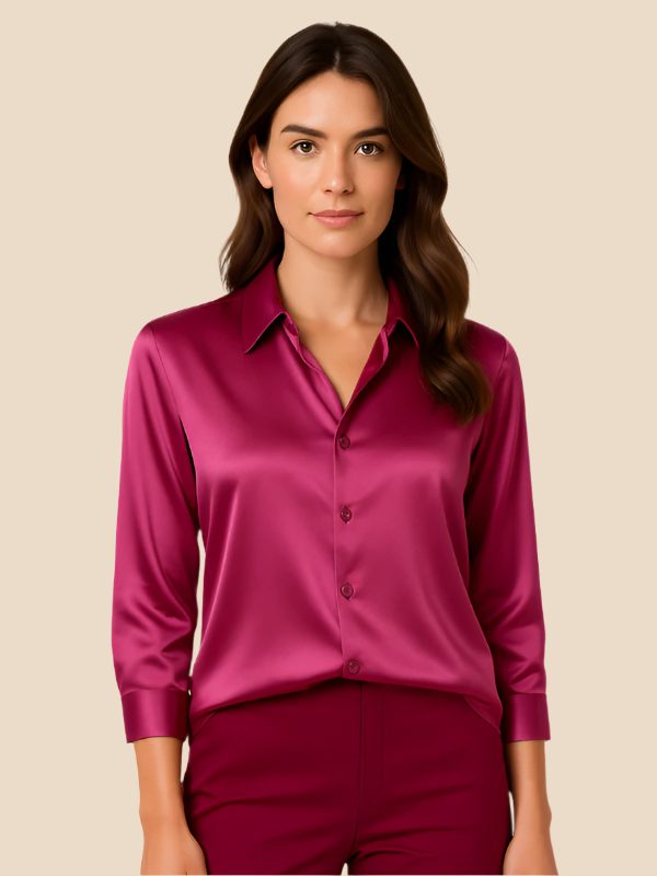 Satin Button-Down Shirt with Pointed Collar for Women in Pink