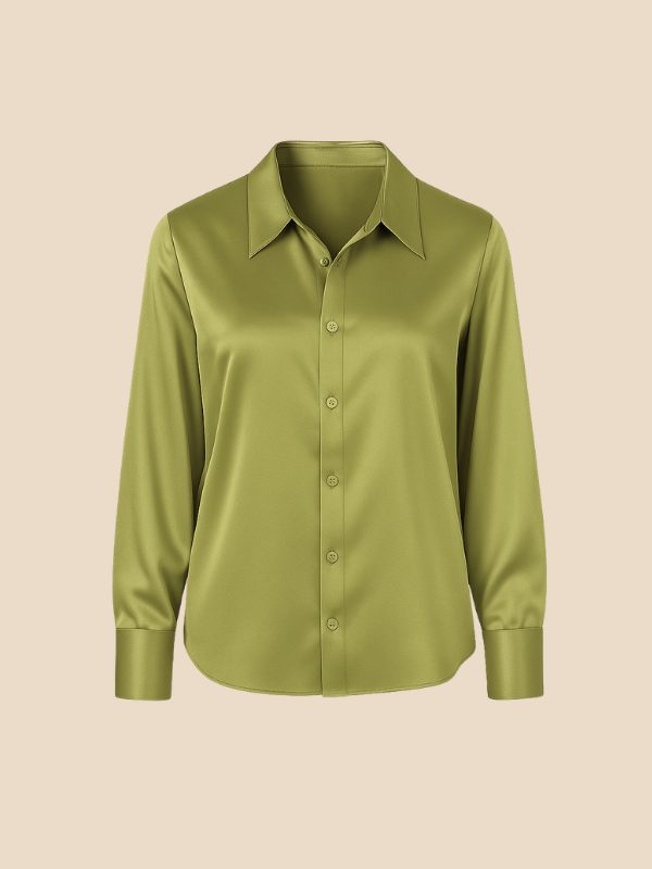 Satin Button-Down Shirt with Pointed Collar for Women