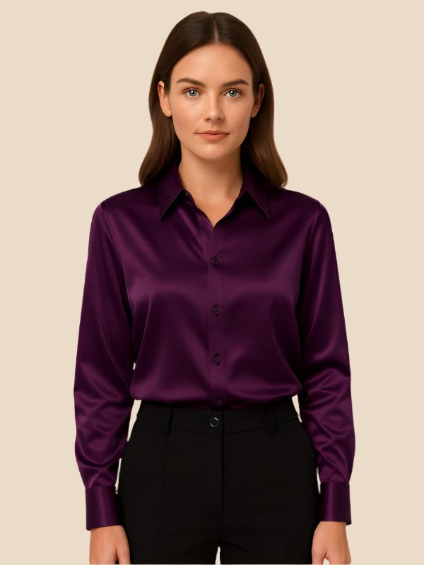 Satin Button-Down Shirt with Pointed Collar for Women