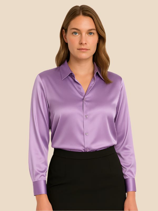 Satin Button-Down Shirt with Pointed Collar for Women in Lavender
