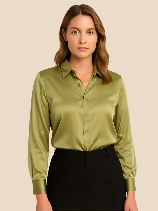 Satin Button-Down Shirt with Pointed Collar for Women in Light Green