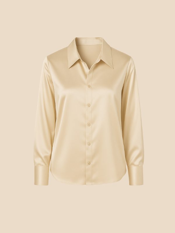Satin Button-Down Shirt with Pointed Collar for Women