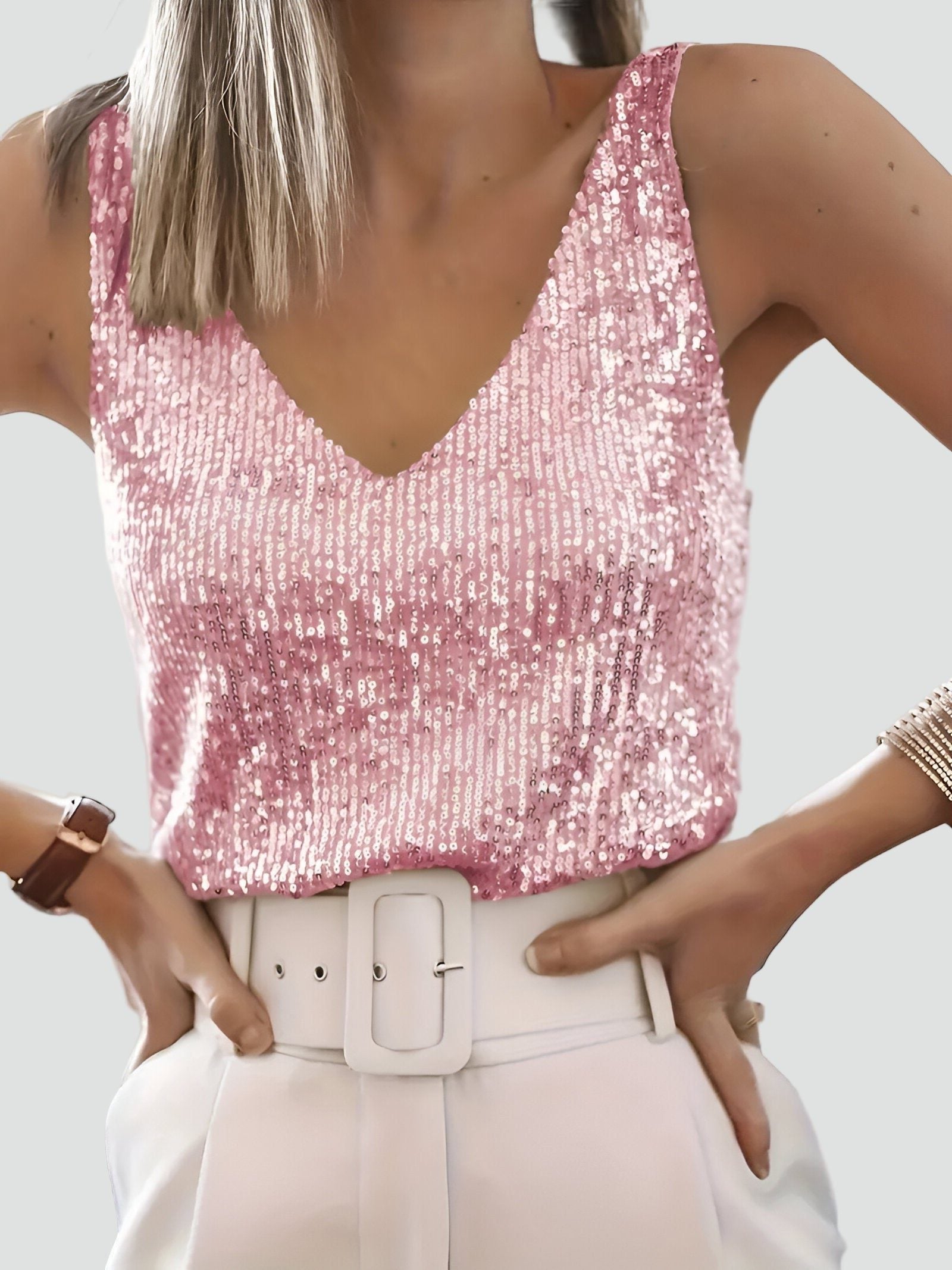 Sequin Sleeveless Tank Top with V-Neck for Women in Pink