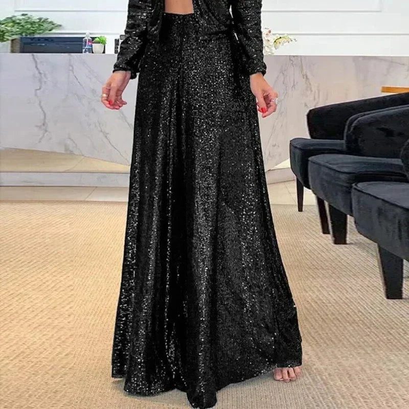 Sequin Wide Leg Trousers with High Waist for Women in Black
