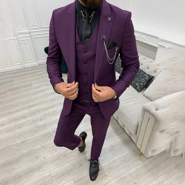 Single-Breasted Three-Piece Suit with Notch Lapel for Men in Purple