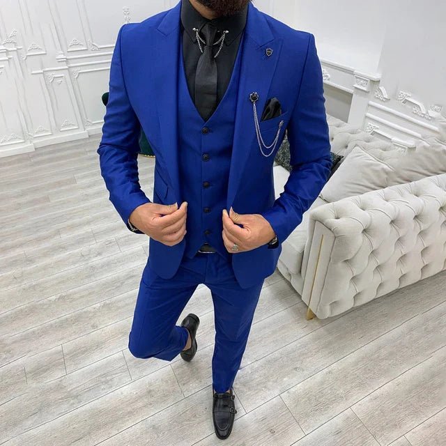 Single-Breasted Three-Piece Suit with Notch Lapel for Men in Blue