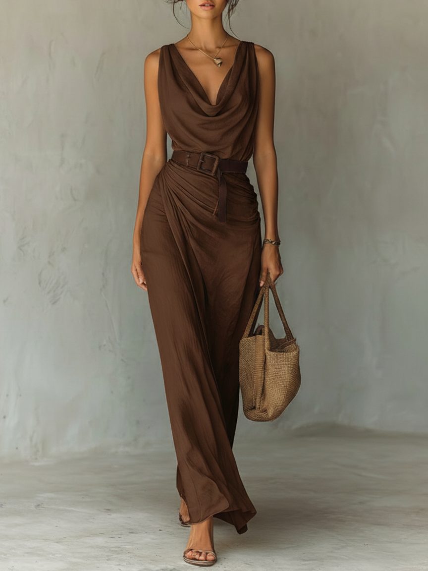 Sleeveless Maxi Dress with Cowl Neck and Belt for Women in Brown
