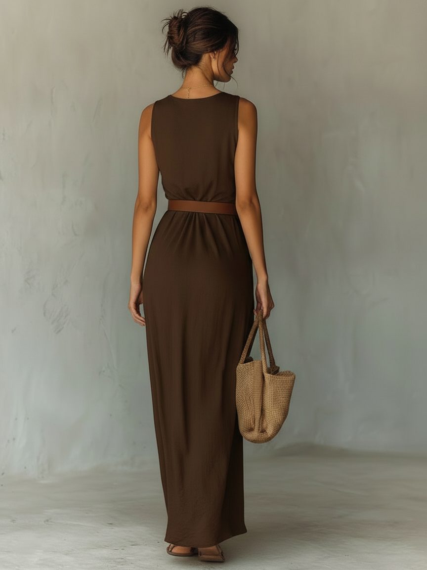 Sleeveless Maxi Dress with Cowl Neck and Belt for Women