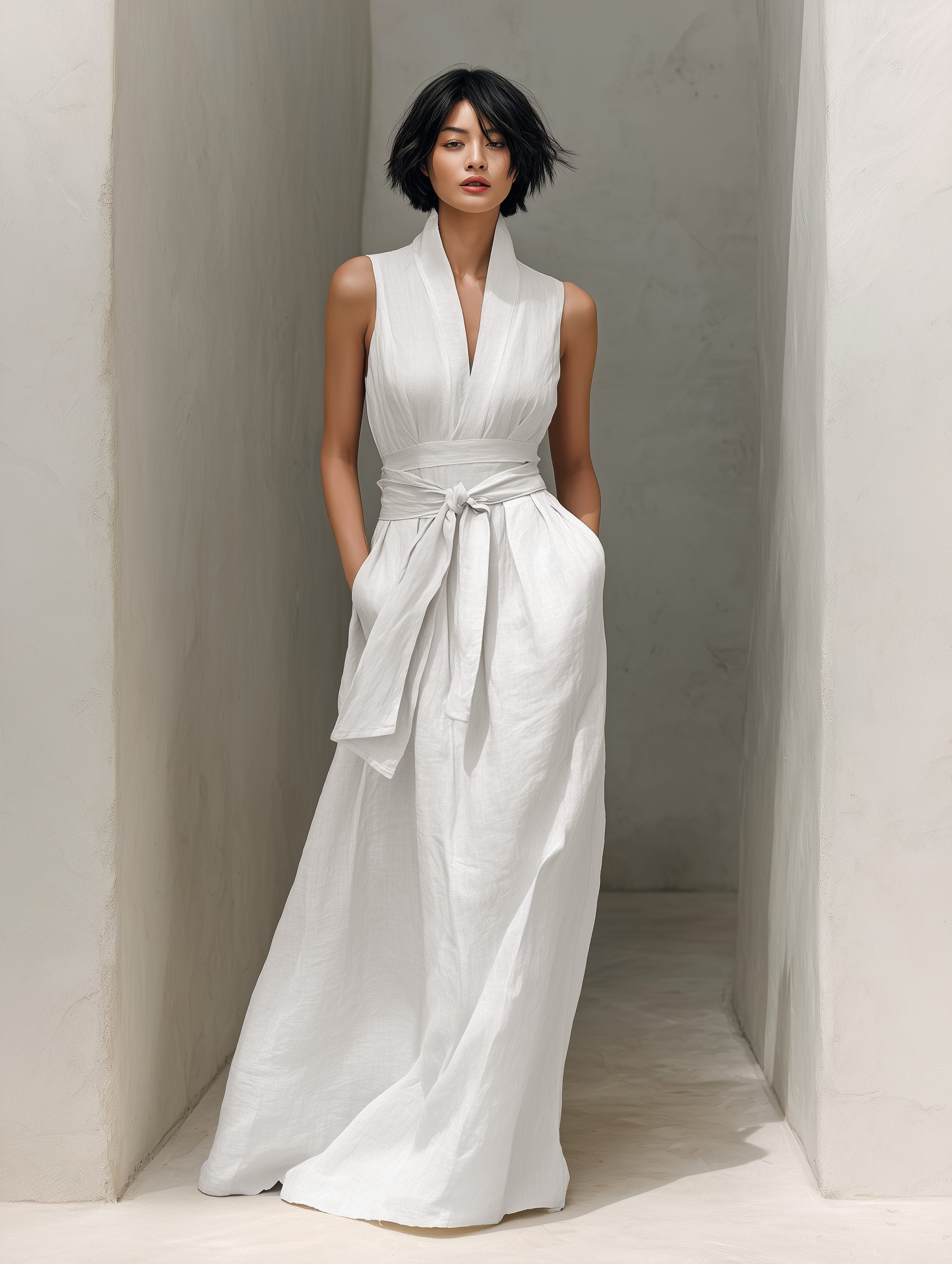 Sleeveless Maxi Dress with V-Neck and Belt for Women