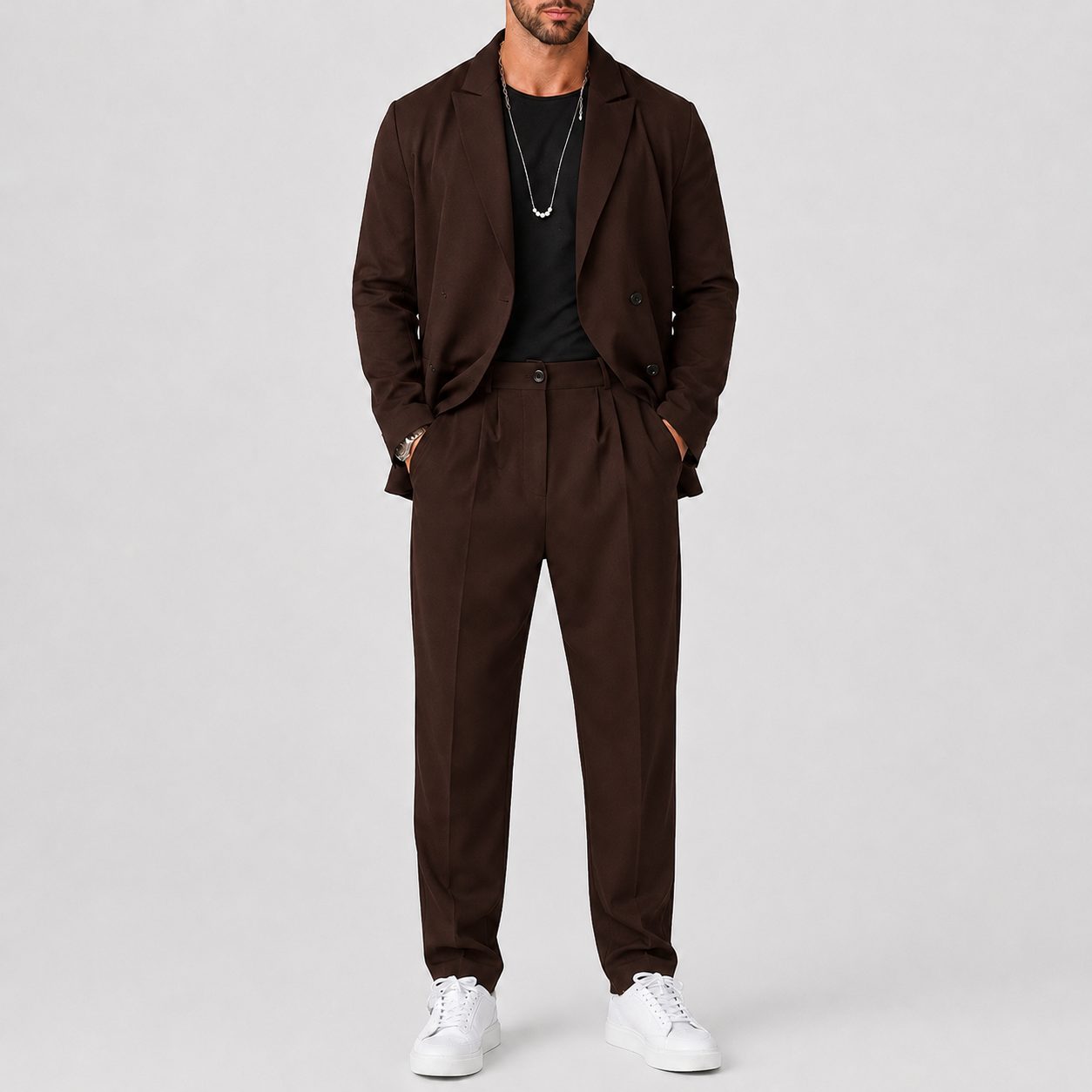 Slim Fit Blazer and Trouser Two-Piece Set for Men in Brown