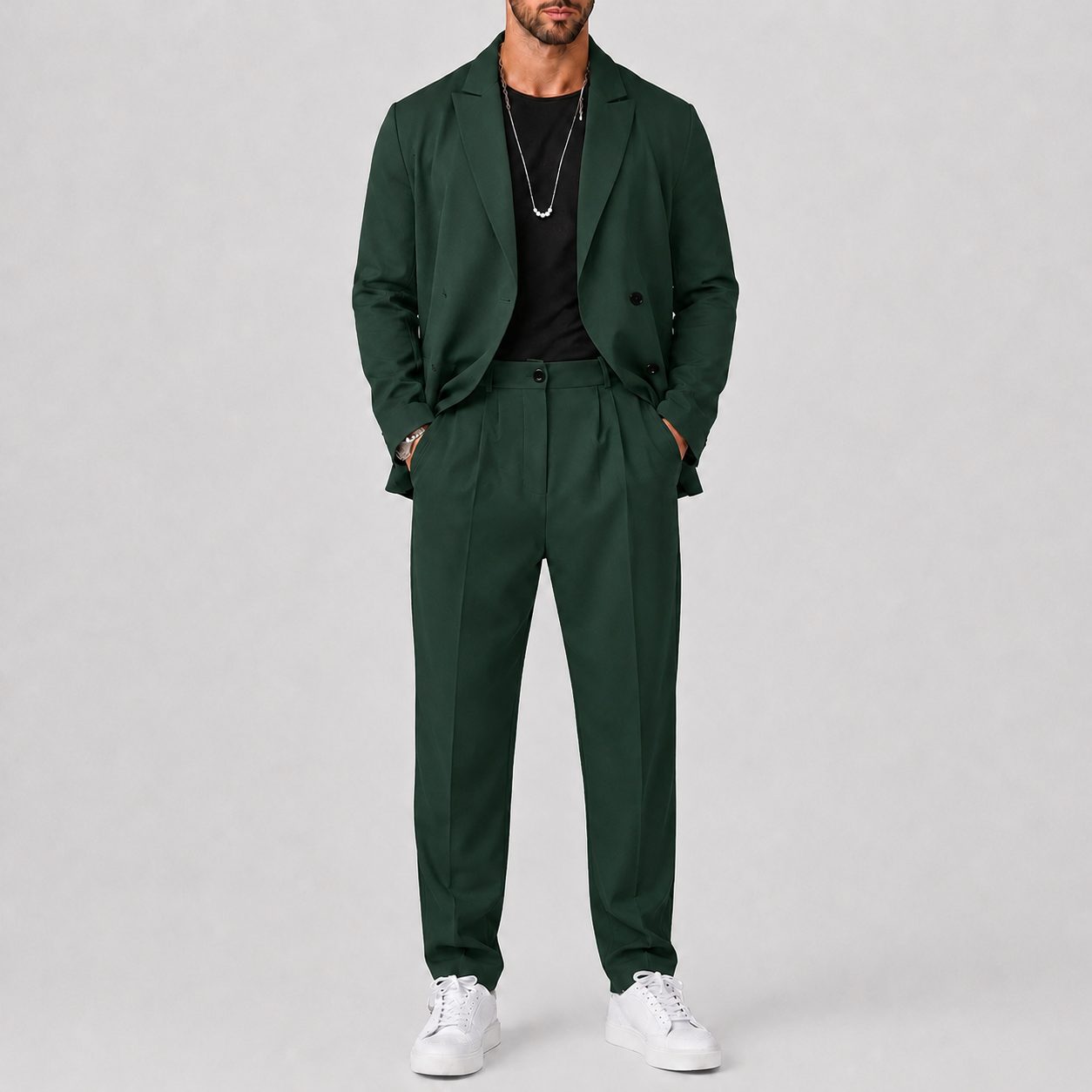 Slim Fit Blazer and Trouser Two-Piece Set for Men in Green