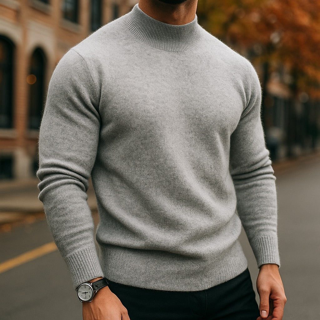 Slim Fit Ribbed Knit Jumper with Roll Neck for Men in Light Grey