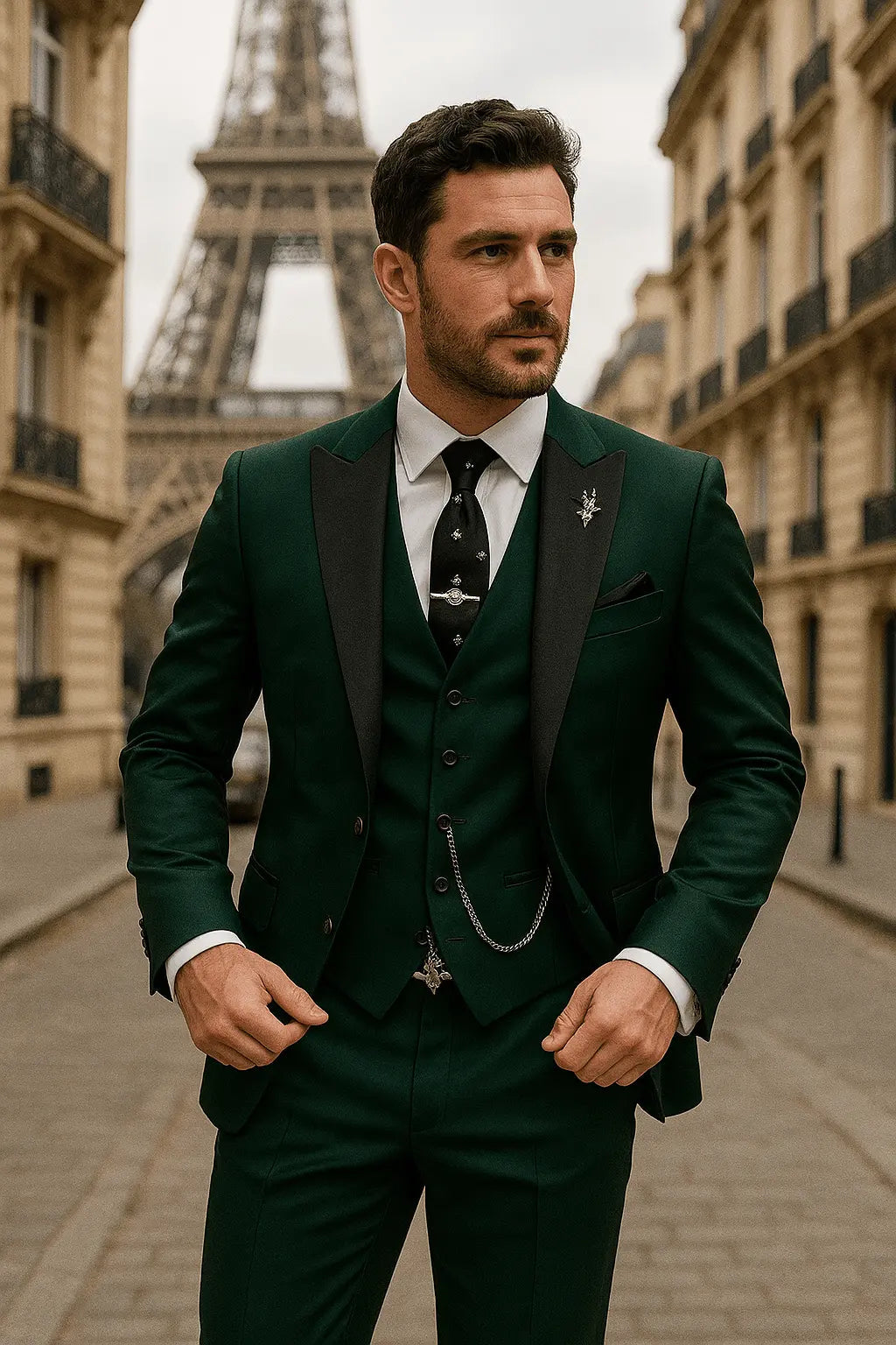 Slim Fit Three-Piece Suit with Waistcoat for Men in Dark Green