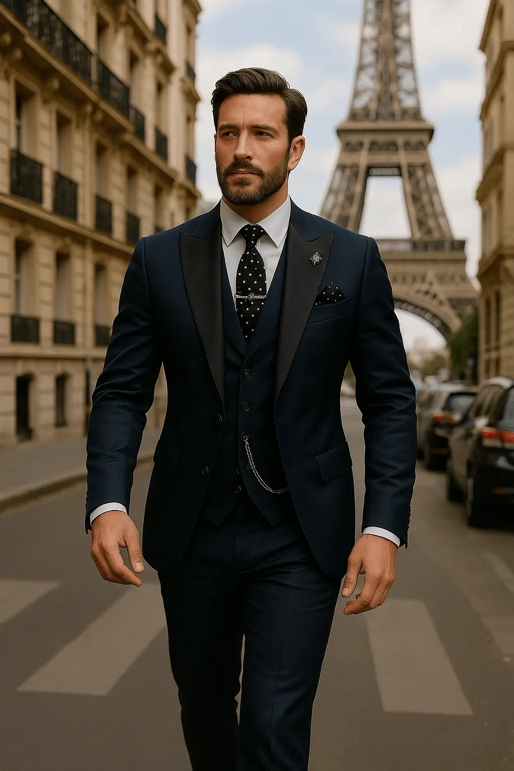 Slim Fit Three-Piece Suit with Waistcoat for Men in Navy Blue