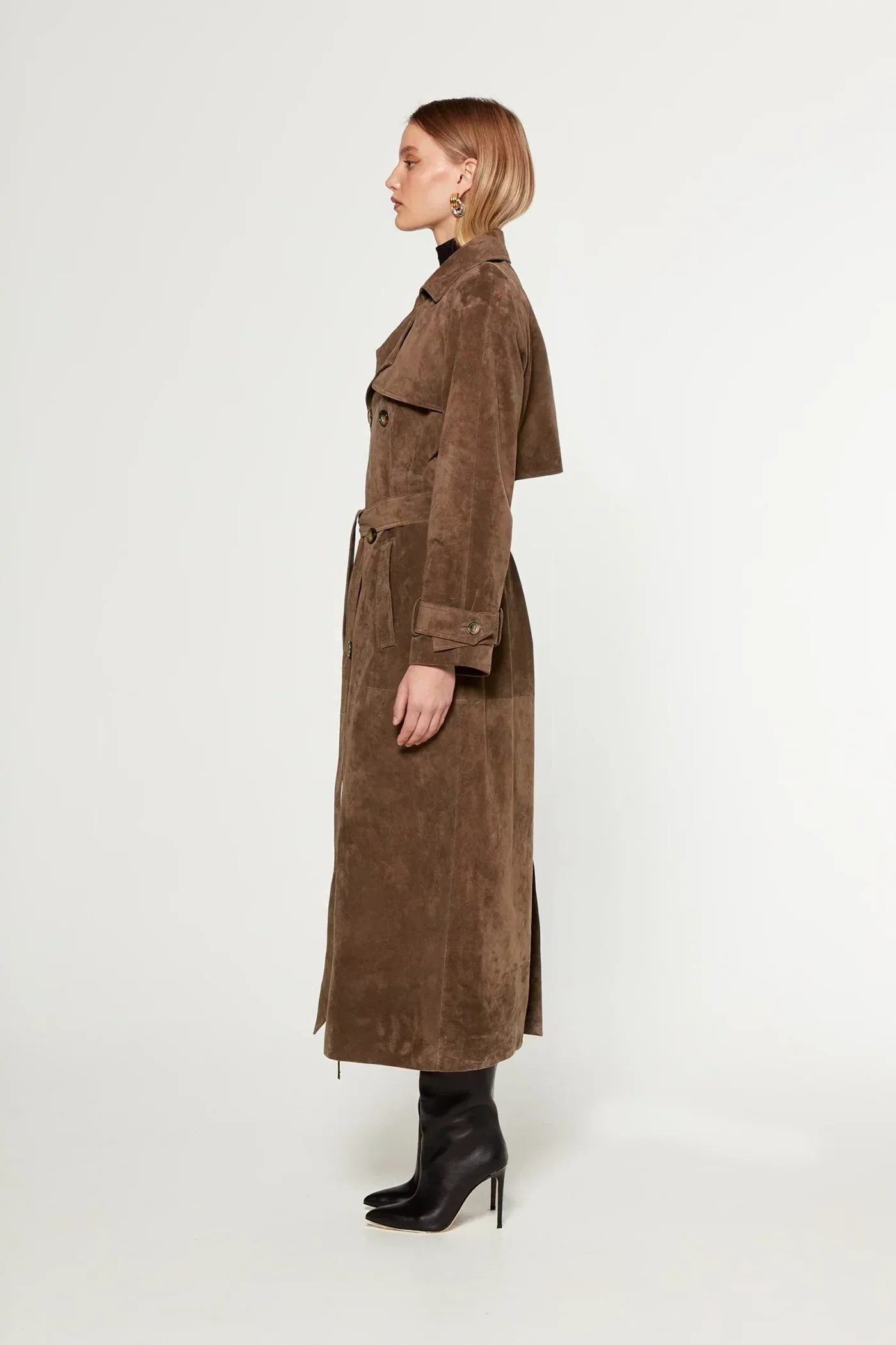 Suede-Look Double-Breasted Trench Coat with Belt for Women