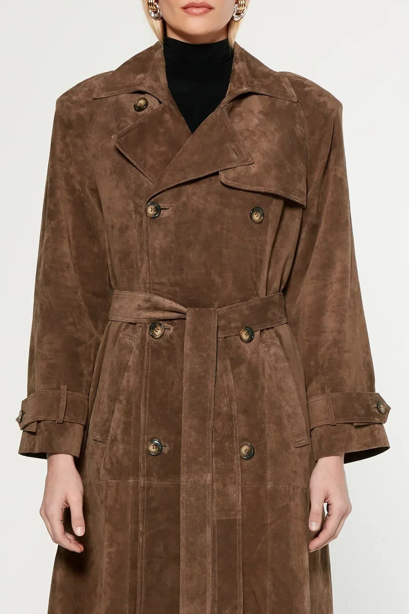 Suede-Look Double-Breasted Trench Coat with Belt for Women