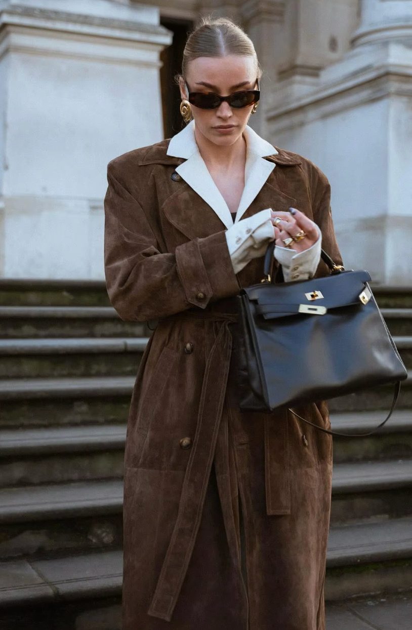 Suede-Look Double-Breasted Trench Coat with Belt for Women
