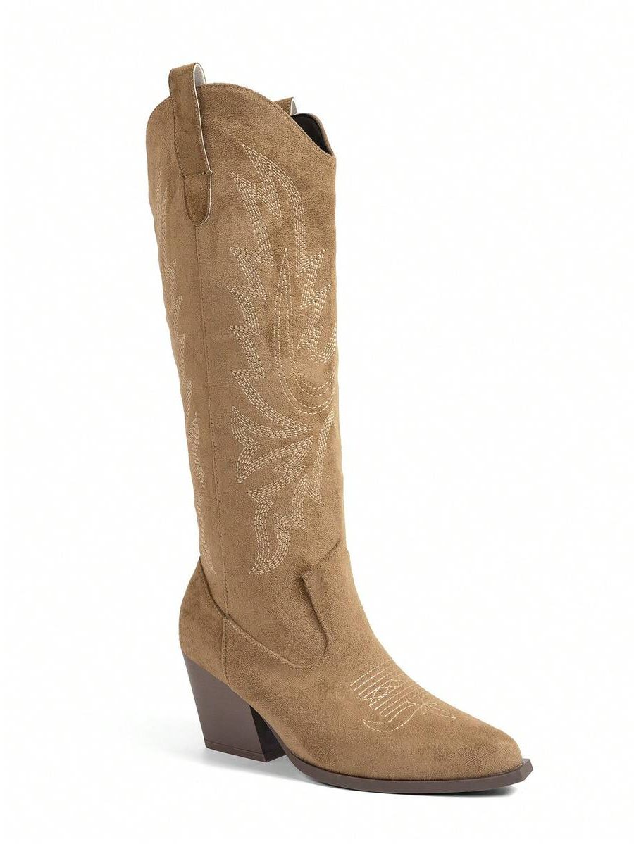 Suede-Look Embroidered Western Block Heel Knee High Boots for Women