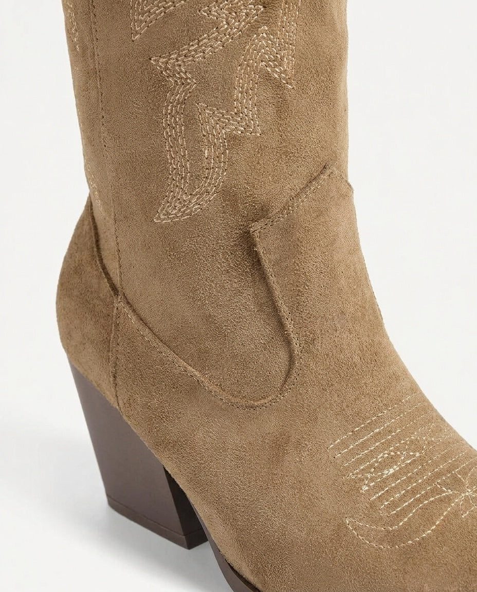 Suede-Look Embroidered Western Block Heel Knee High Boots for Women