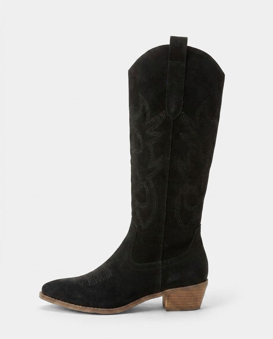 Suede-Look Embroidered Western Block Heel Knee High Boots for Women in Black