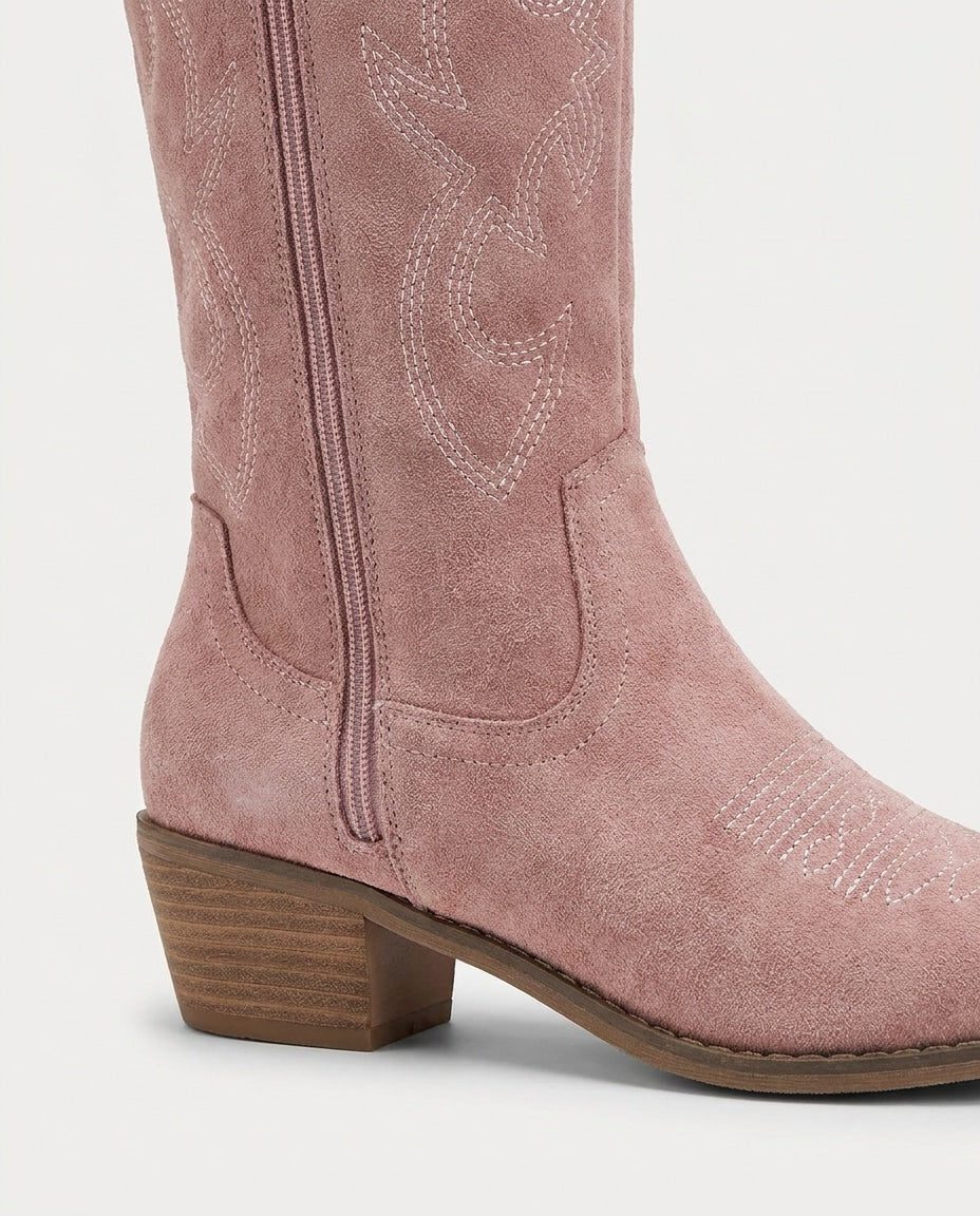 Suede-Look Embroidered Western Block Heel Knee High Boots for Women