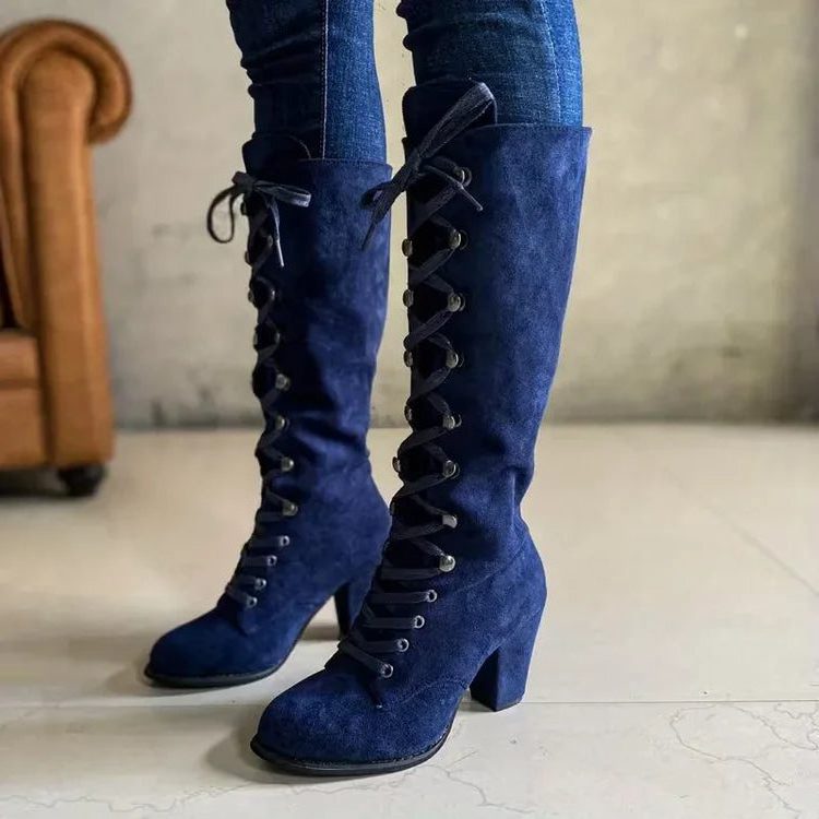 Suede-Look Knee-High Block Heel Boots with Lace-Up Front for Women in Blue