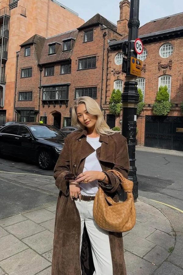 Suede-Look Longline Trench Coat with Belt for Women