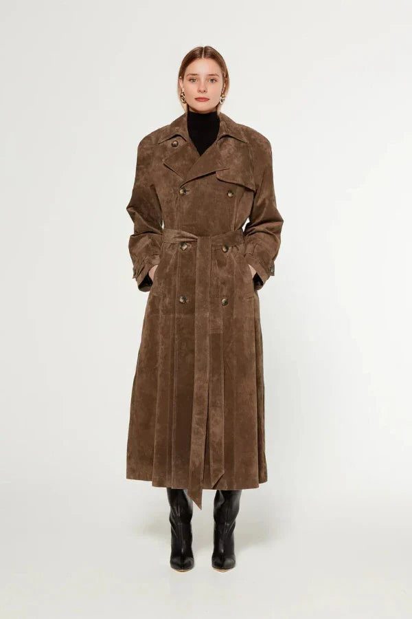 Suede-Look Longline Trench Coat with Belt for Women in Brown