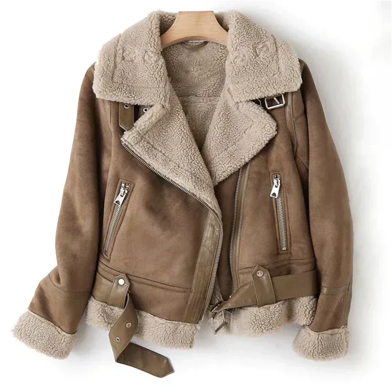 Suede-Look Sherpa Lined Aviator Jacket for Women in Brown