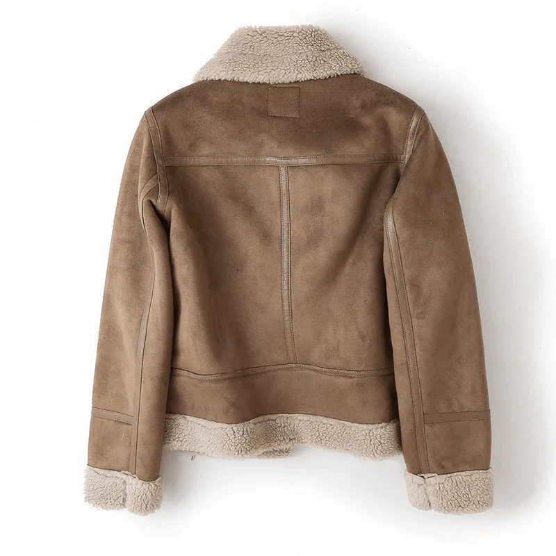 Suede-Look Sherpa Lined Aviator Jacket for Women