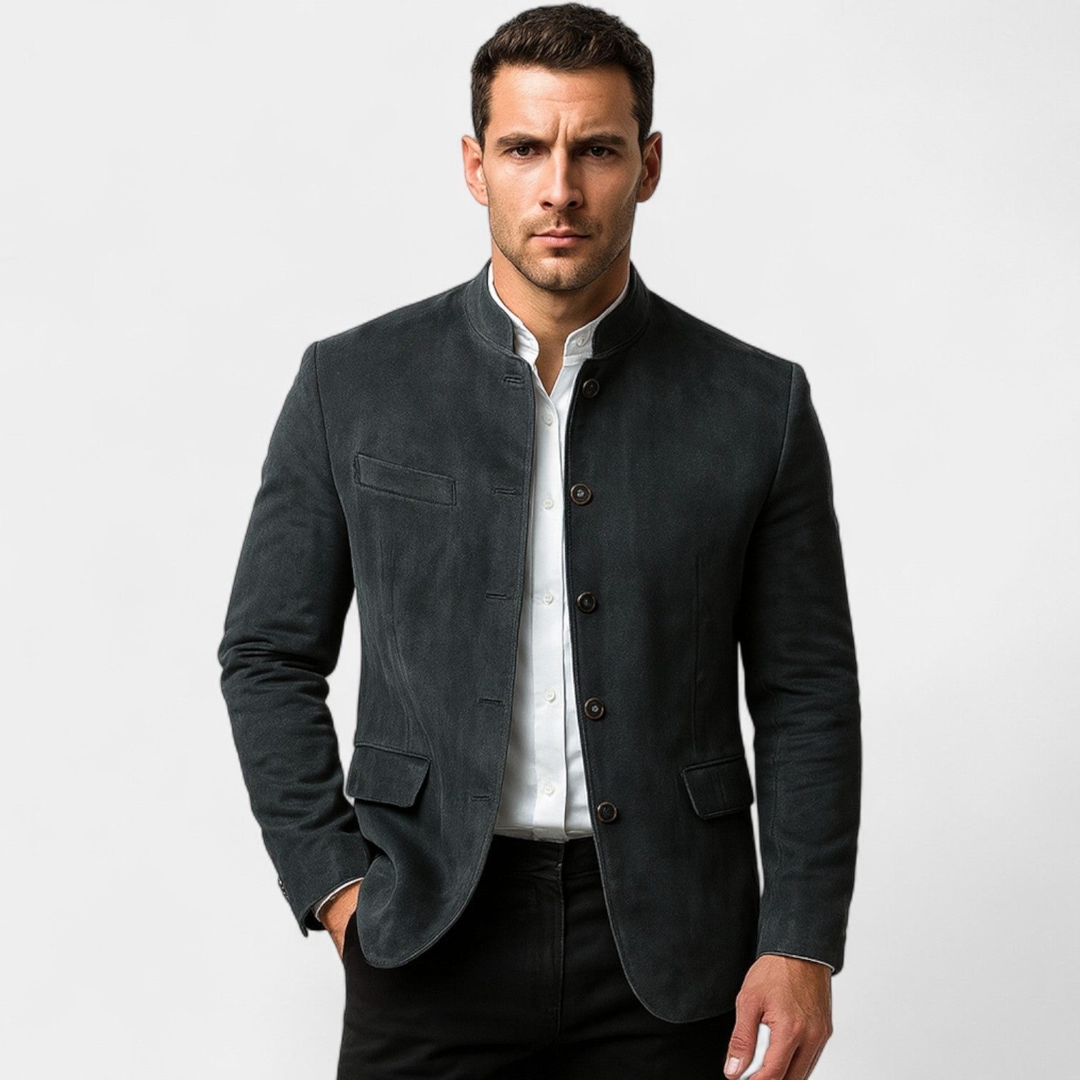 Suede-Look Slim Fit Blazer with Button Front for Men in Dark Grey