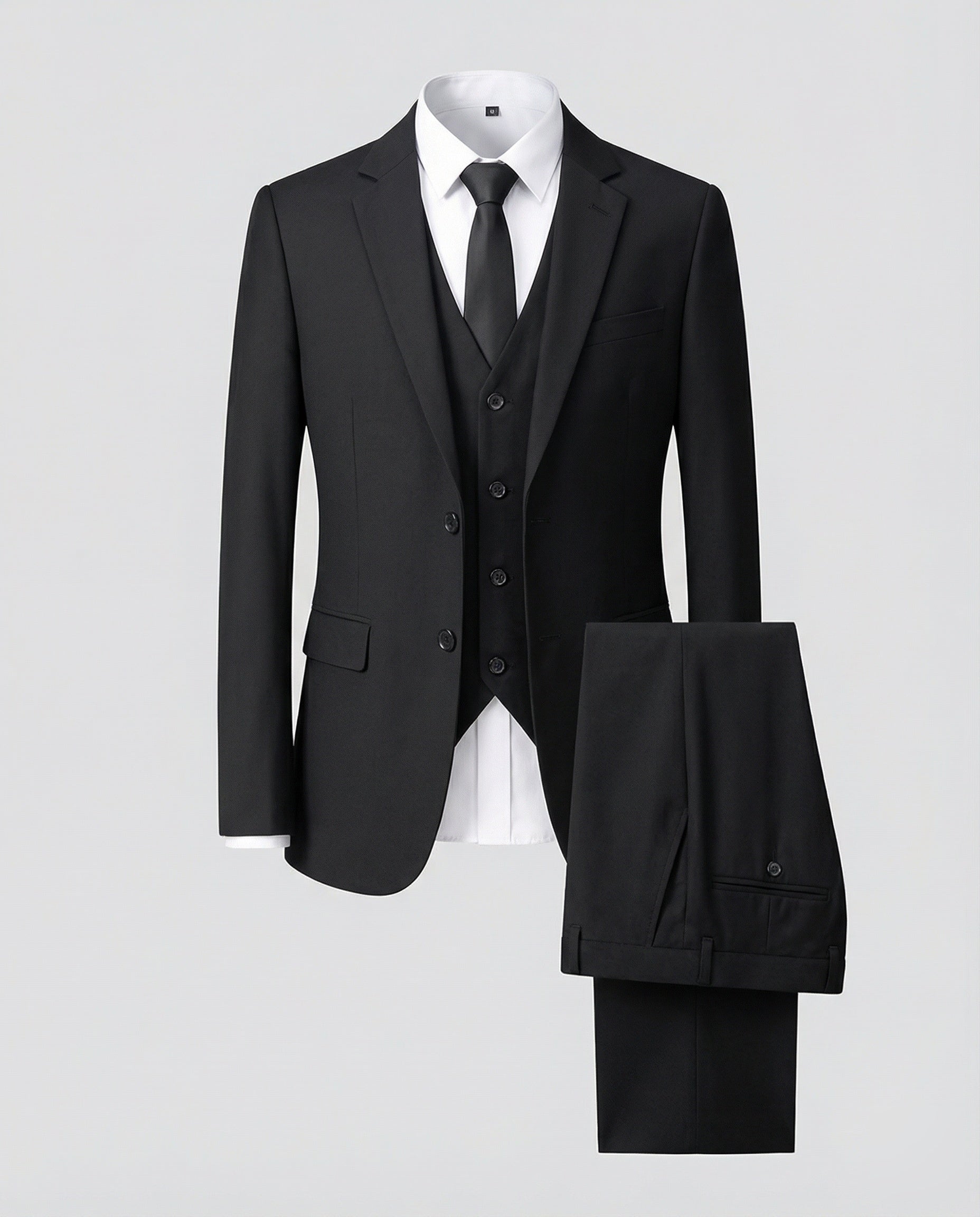 Three-Piece Suit Set with Waistcoat and Trousers for Men in Black