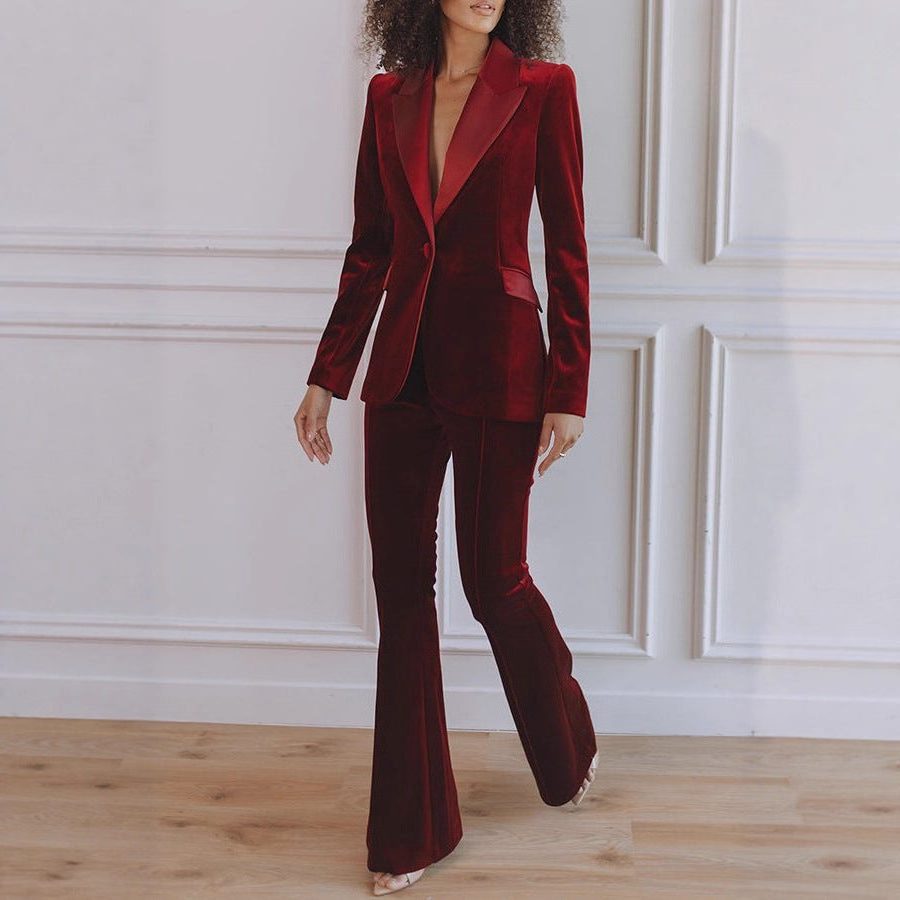 Velvet Blazer Set with Flared Trousers for Women