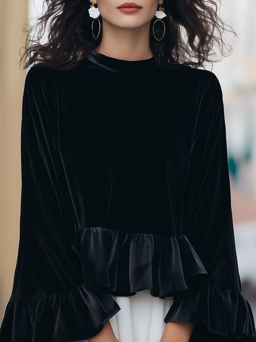 Velvet Blouse with Ruffle Trim and Long Sleeves for Women